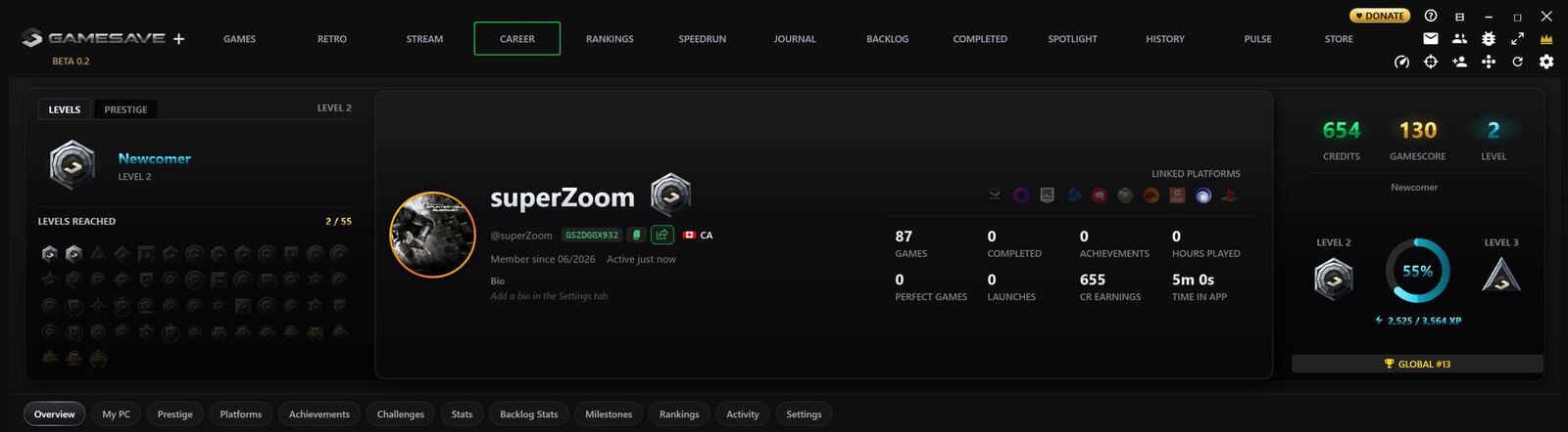 The GameSave career profile