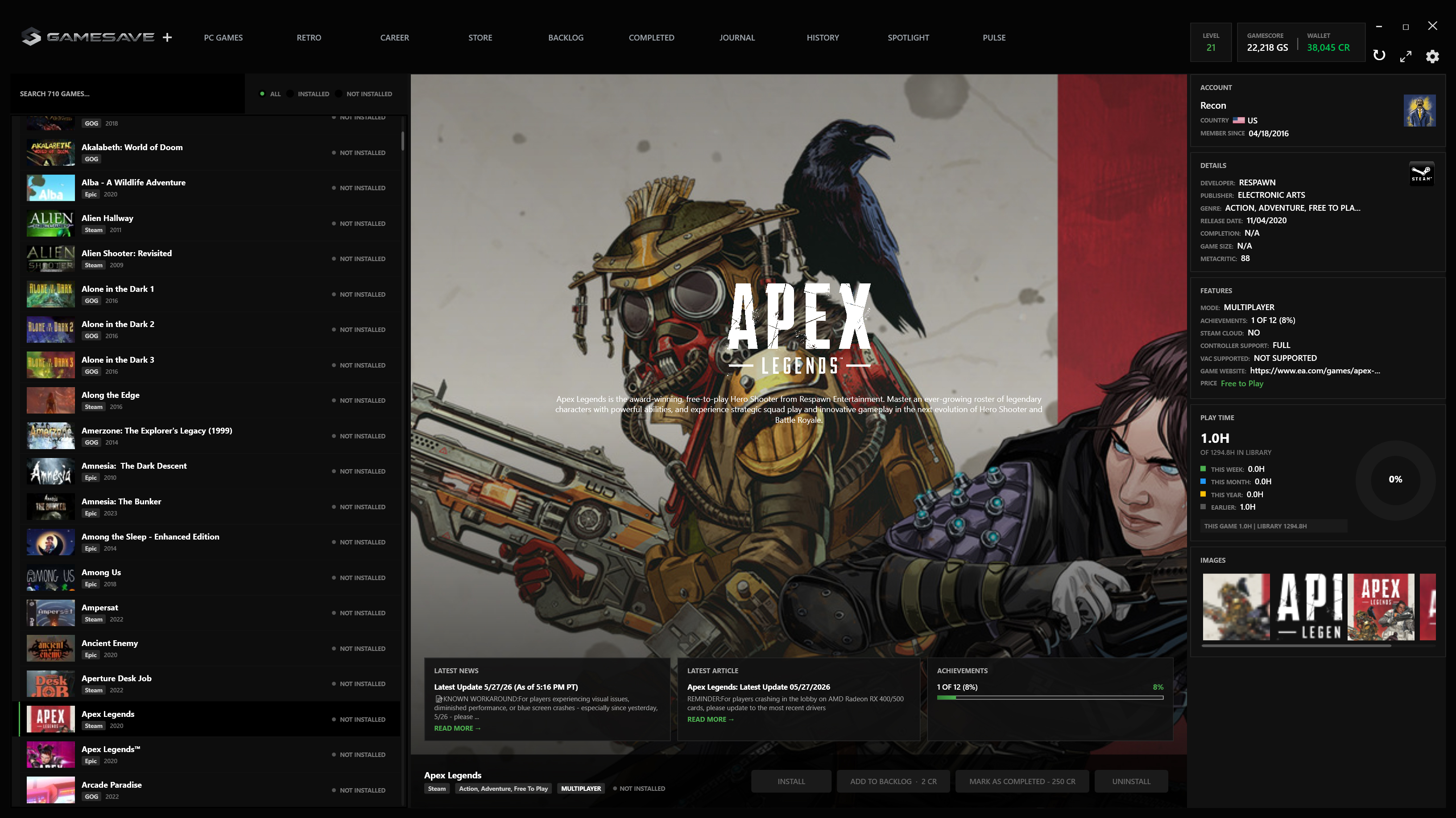 GameSave app — PC Games library and game detail view