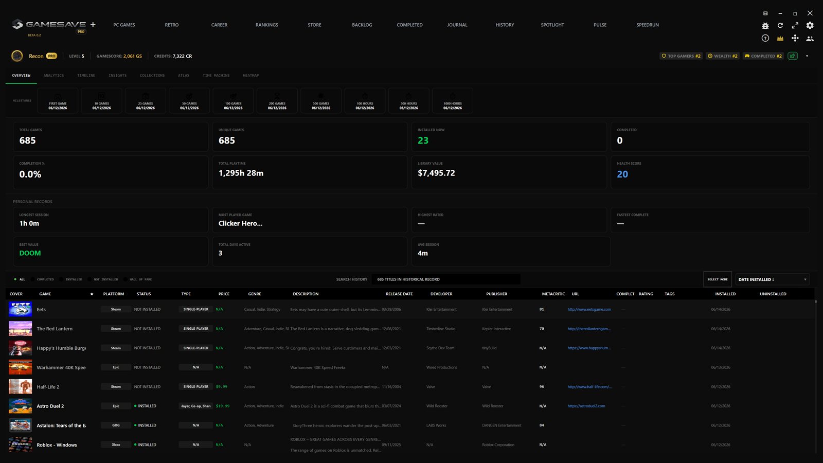 GameSave History page - lifetime stats, milestones and full play record