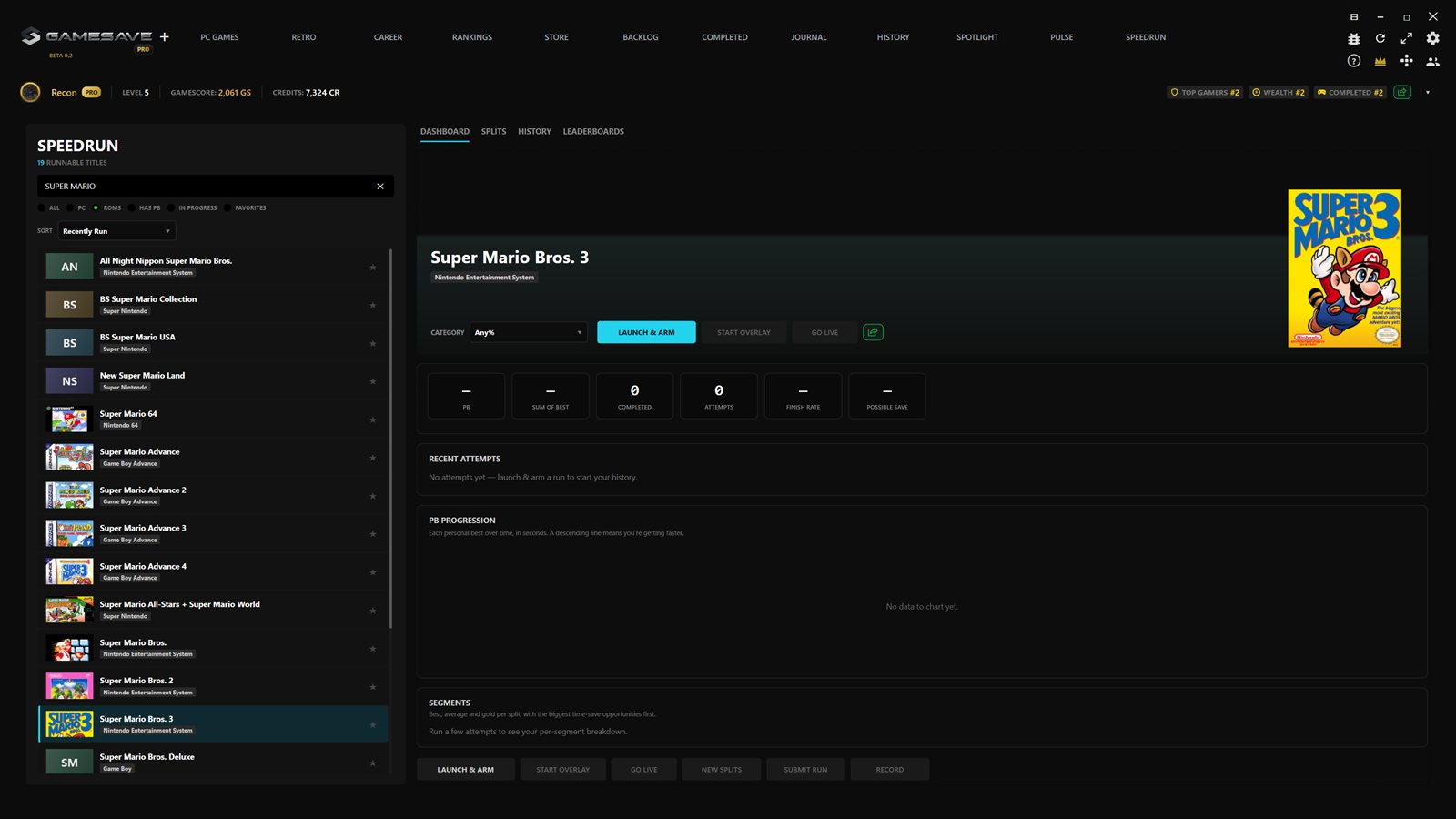 GameSave Speedrun page - personal bests, splits and leaderboards