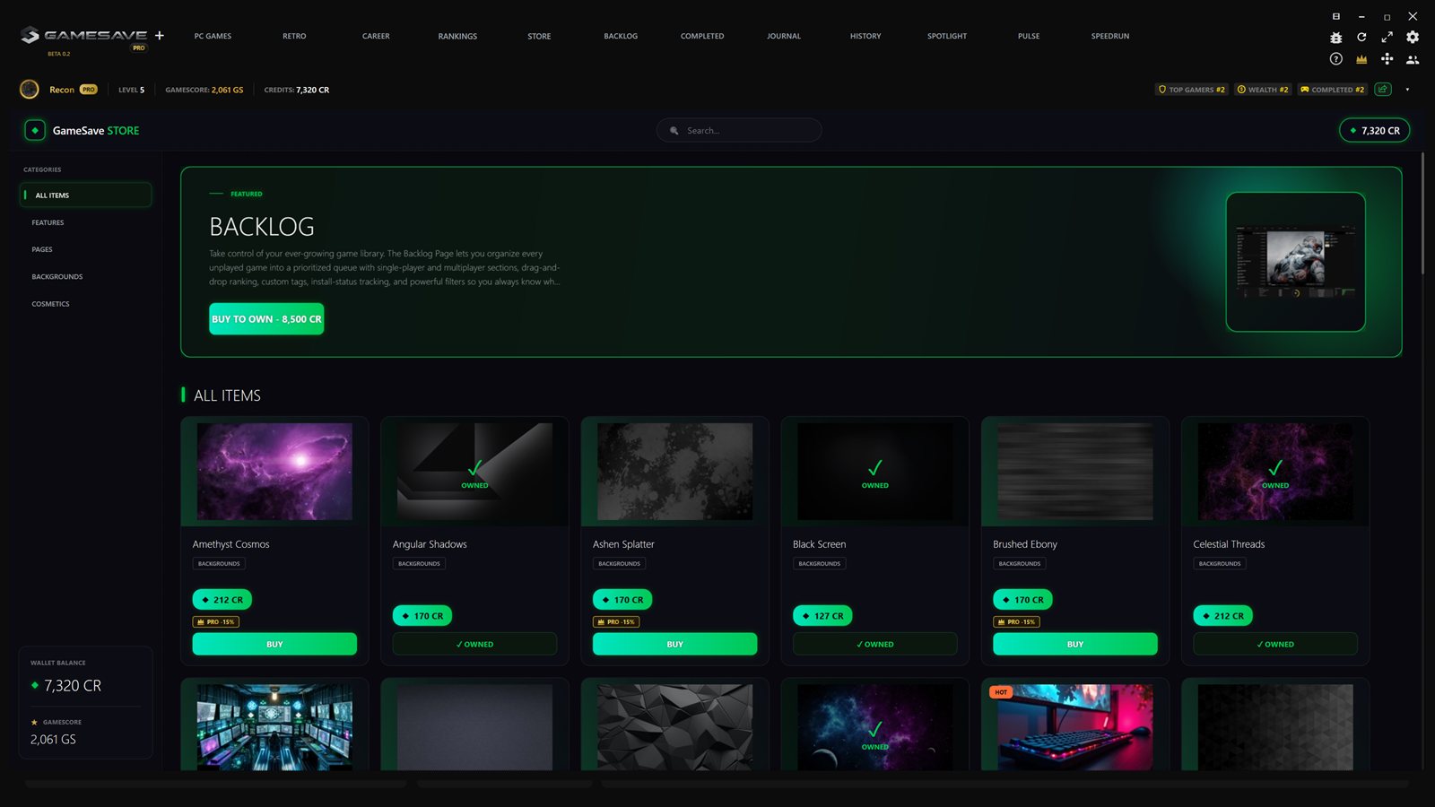 GameSave Store - buy features, backgrounds and cosmetics with Credits
